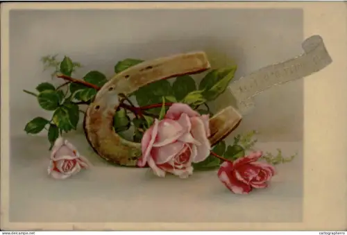 A5920 New Year luck horseshoe & roses greetings postcard