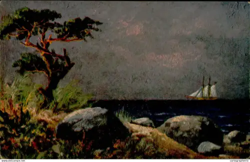 A5920 Künstler-AK ship sailing past a rocky shore with a distinctive tree, under a moody sky fine art postcard 1916