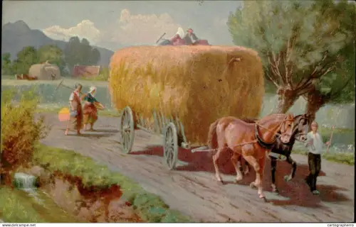 A5920 Künstler-AK Robert Kämmerer Bauer transportiert das Heu mit einem Pferdegespann in die Scheune