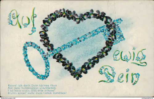 A5920 Vintage greetings postcard floral heart & key fantasy