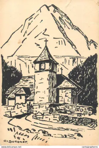 A5374 Mountain church drawing C. I Durnat signed artwork