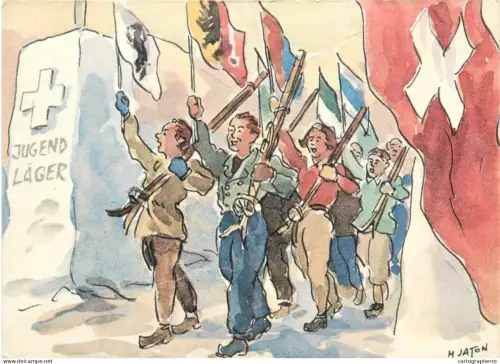 A5374 Jugend Lager Jugendaktionen des Sweizerischen Ski Verbandes M. Jaton signed artwork