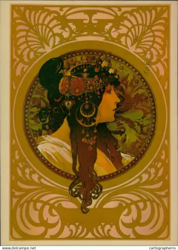 A5919 Alphonse Mucha repro postcard " La Brunette" 1980