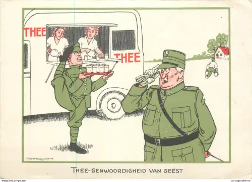 A5366 Military humour comic caricature postcard Thee Genwoordigheid van geest