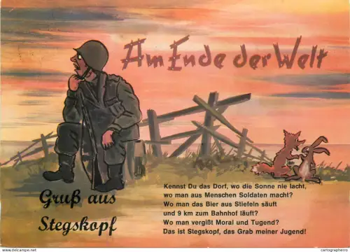 A5366 Military humour comic caricature postcard Am Ende der Welt Gruss aus Stegskopf