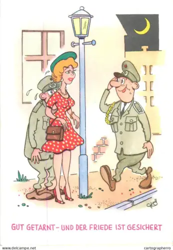 A5366 Military humour comic caricature postcard Gut getarnt und der Friede ist gesichert