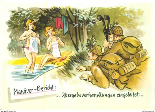 A5366 Military humour comic caricature postcard soldiers spying ladies bathing