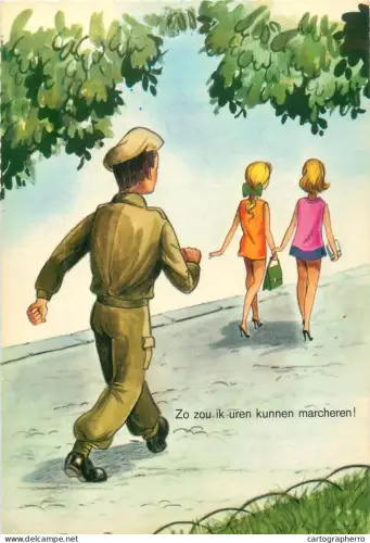 A5366 Military humour comic caricature postcard soldier marching with two girls