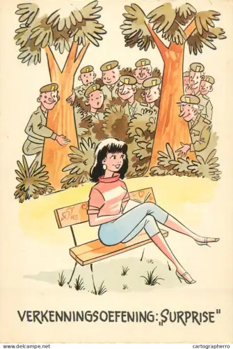 A5366 Military humour comic caricature postcard soldiers in bushes watching a beautiful lady