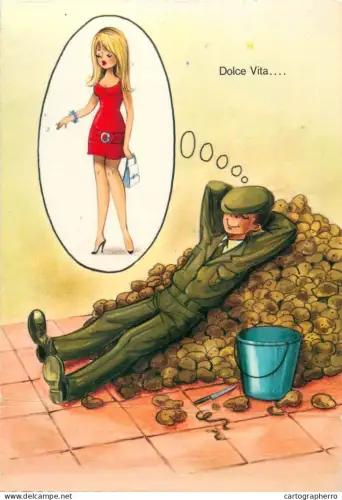A5366 Military humour comic caricature postcard soldier boy dreaming to dolce vita