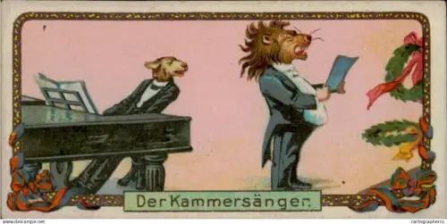 Der Kammersanger /  The chamber singer - humanized musical animals caricature vintage chromo trade card 4.5 x 9.5 cm