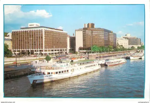 A5396 Hungary Budapest hotels on Danube bank and river sailing vessels at the dock