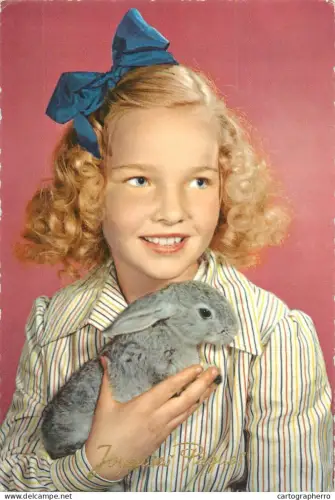 A5395 Cute young girl with pet rabbit curly-blonde fancy blue ribbon