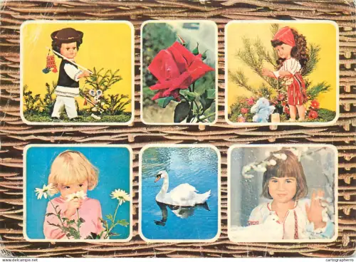 A5390 Romanian postcard different aspects children types , swan, rose, dolls with folk costumes