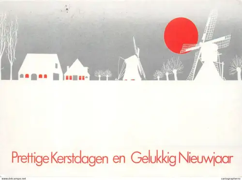 A5390 Winter Holidays greetings Dutch rural area windmills illustration