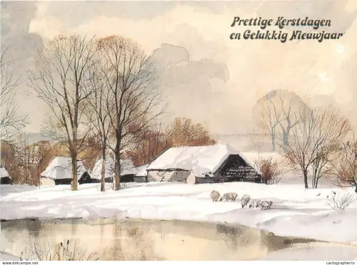 A5390 Winter Holidays greetings forest winter rural area farmhouse sheep