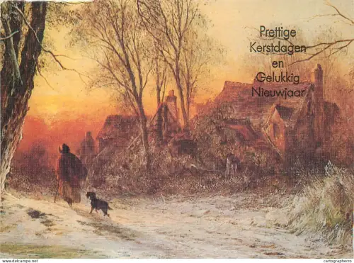 A5390 Winter Holidays greetings man with dog winter scenery painting