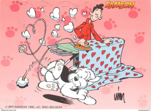 A5389 Brt Samson 1990 Lic BMC Belgium man irons sheet and dog funny animals illustration