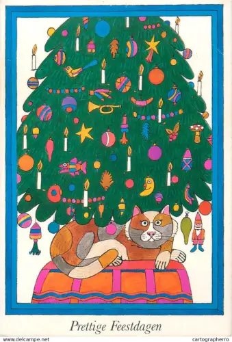 A5388 Cat sitting under decorated tree Alfons van Heusden illustration