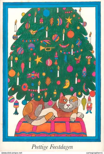 A5388 Cat sitting under decorated tree Alfons van Heusden illustration