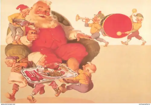 A5388 Santa Claus with Coca Cola bottle and his elfs illustration
