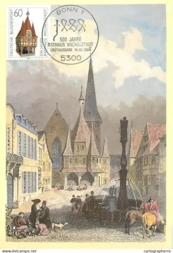 A5377 Postal history postcard Der Marktplatz in Michelstadt mit Rathaus und Thurn und Taxi'scher Posthalterei um 1850