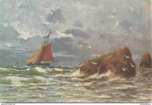 A5857 Painting of a sailing ship in the rocks, made by artist H. Lissmann around 1920