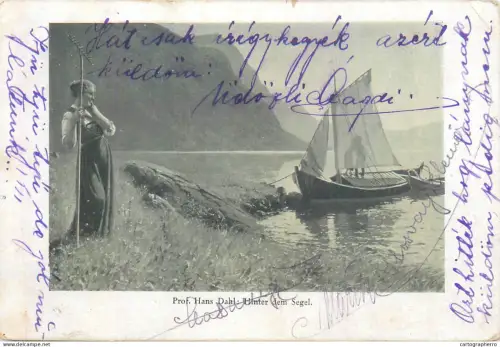 A5857 Fine art postcard painting Hans Dahl behind the sail