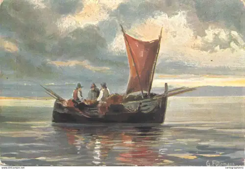 A5857 Postcard men fishing boat signed G. Fuhrmann