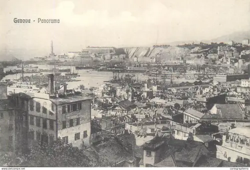 A5857 Navigation themed postcard transport ships sailing vessels nautical topic harbor panorama Genova