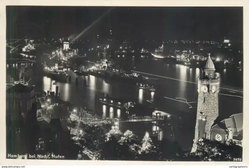 A5857 Navigation themed postcard transport ships sailing vessels nautical topic Hamburg harbor by night RPPC