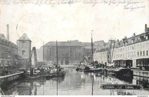 A5857 Navigation themed postcard Transport Ships Sailing Vessels nautical harbor scene - Louvain le canal 1914