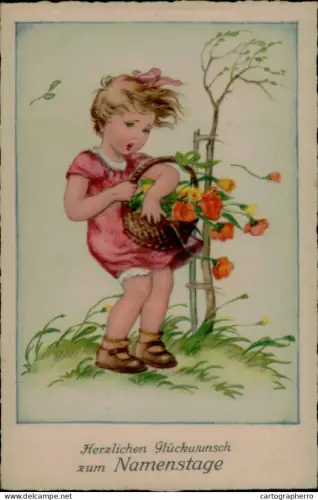 A5926 Naming Day greetings postcard drawn girl windy flowers