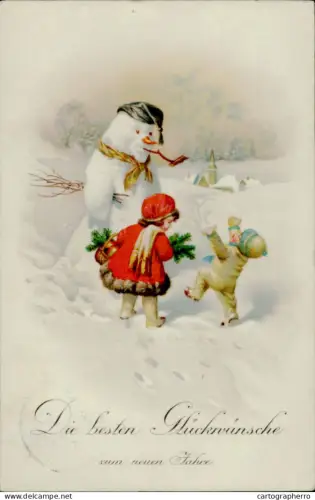 A5926 New Year greetings postcard drawn children and snowman