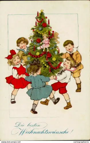A5926 Christmas greetings postcard drawn children Christmas tree round dance