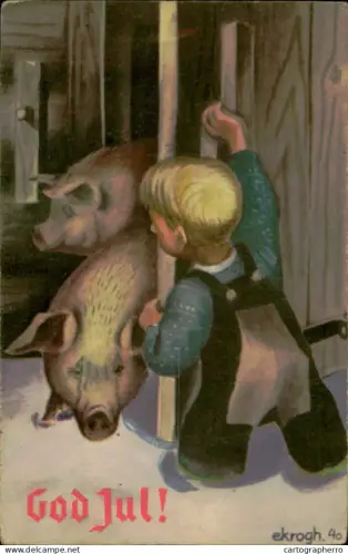 A5926 New year God Jul signed ekrogh drawn boy and pigs