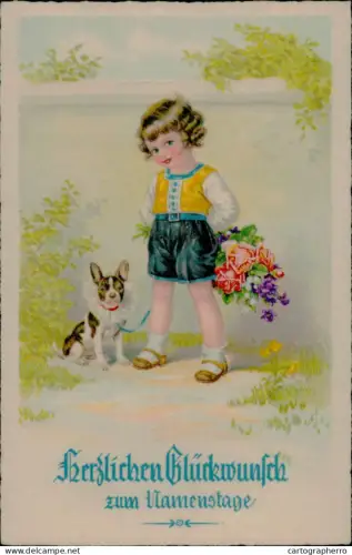 A5926 Naming Day greetings postcard cute drawn girl holding flowers and dog