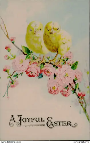 A5926 A Joyful Easter greetings postcard floral illustration with blossoms and drawn chicken