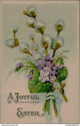 A5926 A Joyful Easter greetings postcard floral illustration snowdrops flowers and hazel catkins