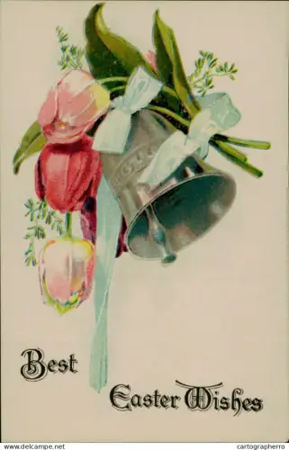 A5926 A Happy Easter greetings postcard floral illustration and bell tulips, white flowers and hazel catkins