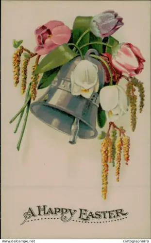 A5926 A Happy Easter greetings postcard floral illustration and bell tulips, white flowers and hazel catkins