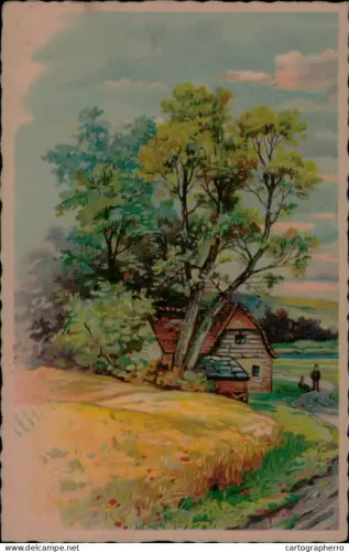 A5926 illustration of an idyllic rural scene rustic wooden cabin, partially hidden by lush trees