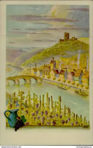 A5926 Illustrators - Signed - The image shows an illustration of the town of Neckargemünd in Germany