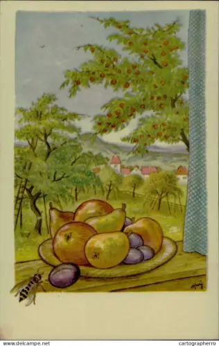 A5926 still life with fruit, depicting a plate full of pears, apples and plums placed on a wooden table, with a wasp