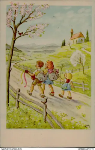 A5926 idyllic illustration of three children walking along a country road carrying backpacks and appear to be on a hike