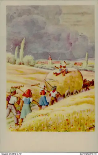 A5926 haymaking scene where children and adults rush to gather the harvest before an impending storm