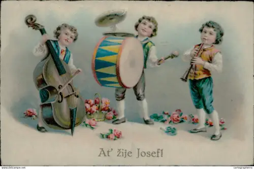 A5926 Musical drawn children Josef naming day greetings vintage postcard