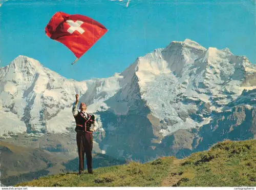 A5400 Switzerland Monch und Jungfrau man with Suisse flag kite