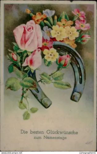 A5936 Naming Day floral luck horseshoe fantasy greetings postcard Paul von Hindenburg 6 Pfennig franking stamp
