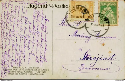 A5936 Postcard correspondence Roman - Storojinet Bukovina 1923 Bauernhof im Werdenfelser Lande v. Carl Reiser